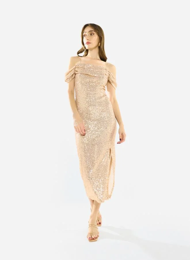 هاوس اوف مودا فستان ميدي درابيه مزين بالترتر